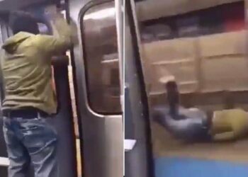 Man Jumped From A Moving Metro Train See What Happend Next, Man Open Metro Door To Jump Outside Falls Badly On Platform