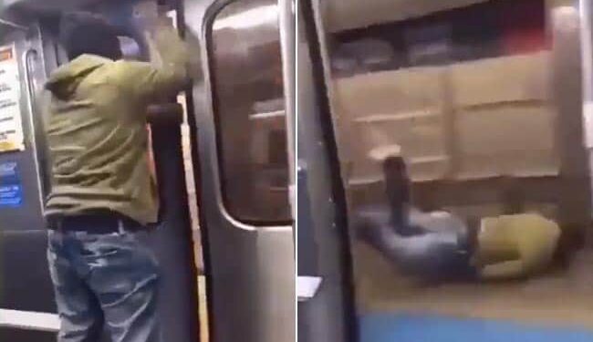 Man Jumped From A Moving Metro Train See What Happend Next, Man Open Metro Door To Jump Outside Falls Badly On Platform